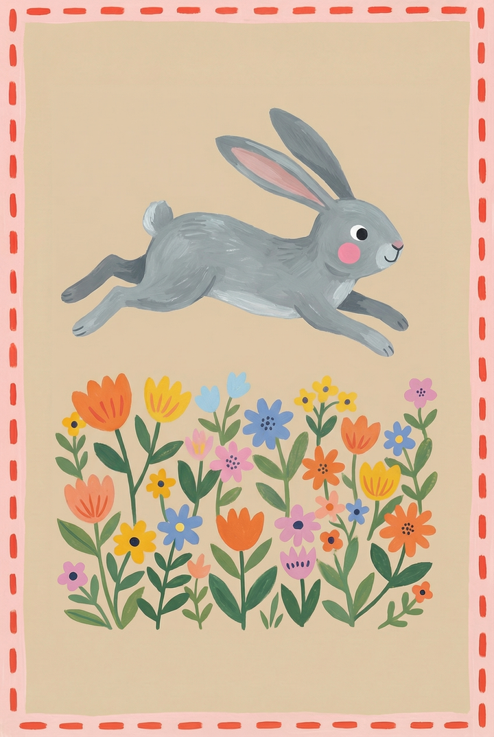 Grey meadow jumping bunny wall art features a grey rabbit leaping over colorful flowers on a tan background.