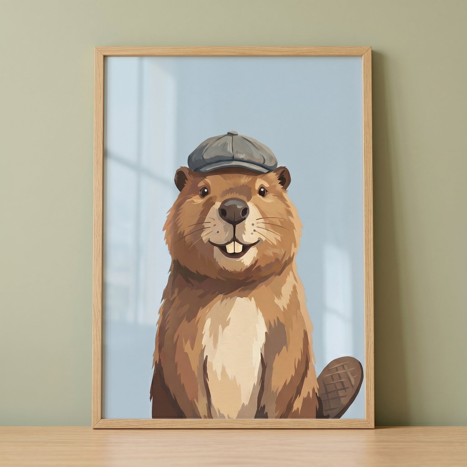 Framed grey newsboy cap beaver wall art shows a smiling illustrated brown beaver against a light blue background.