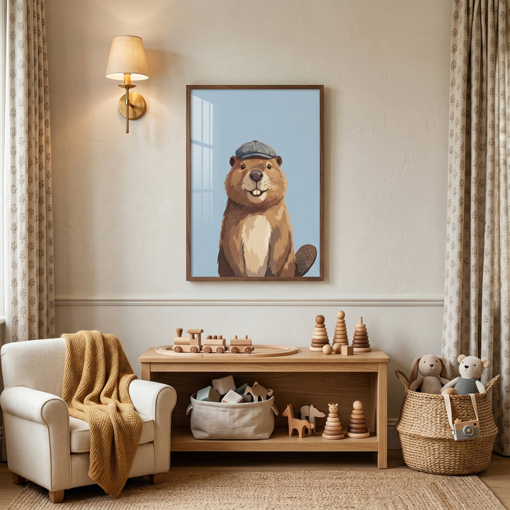Grey newsboy cap beaver wall art in a neutral nursery with a wooden toy shelf, white armchair, and a yellow throw.