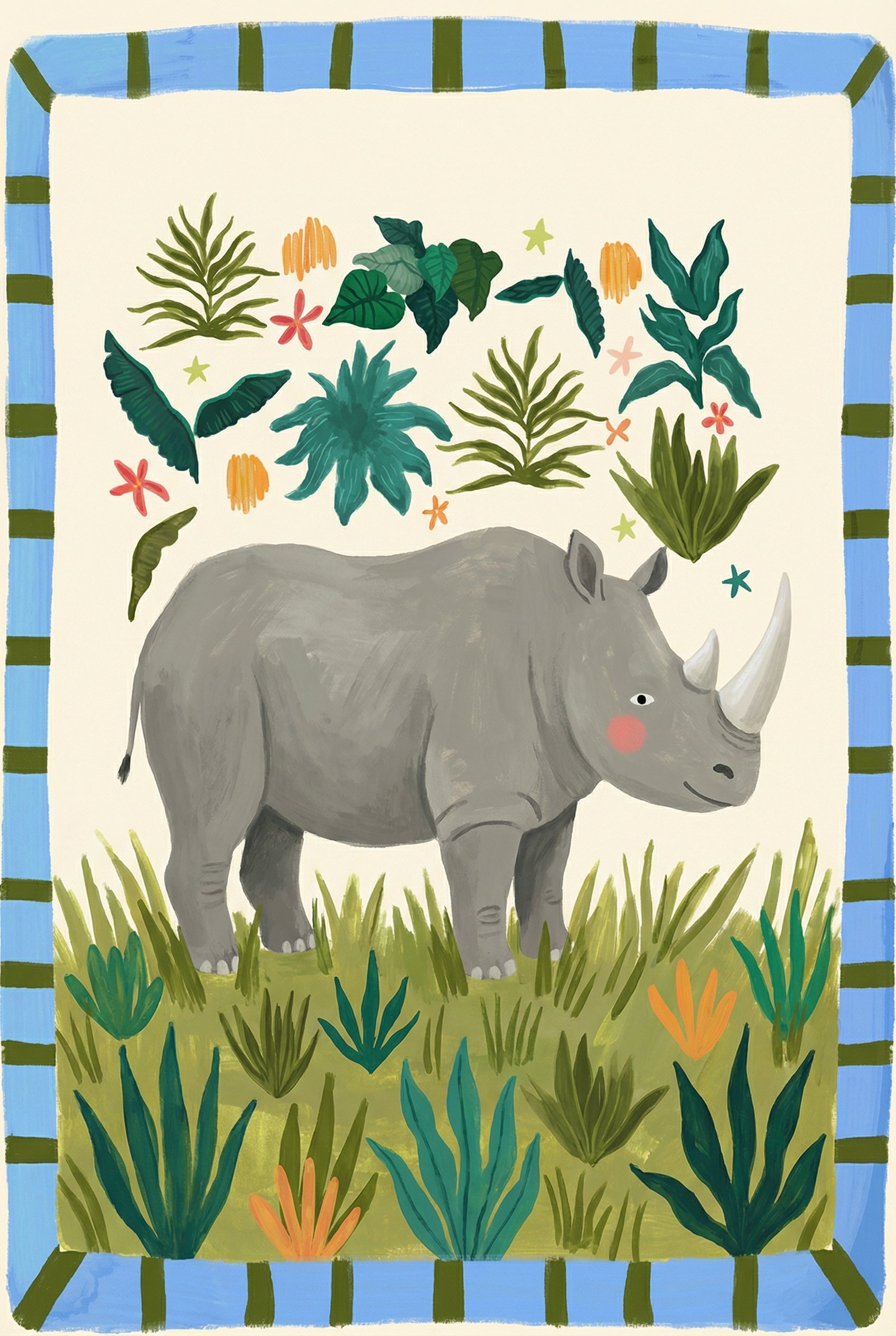 Grey Rhino Grassy Meadow Wall Art - Gentle Rhino Oasis