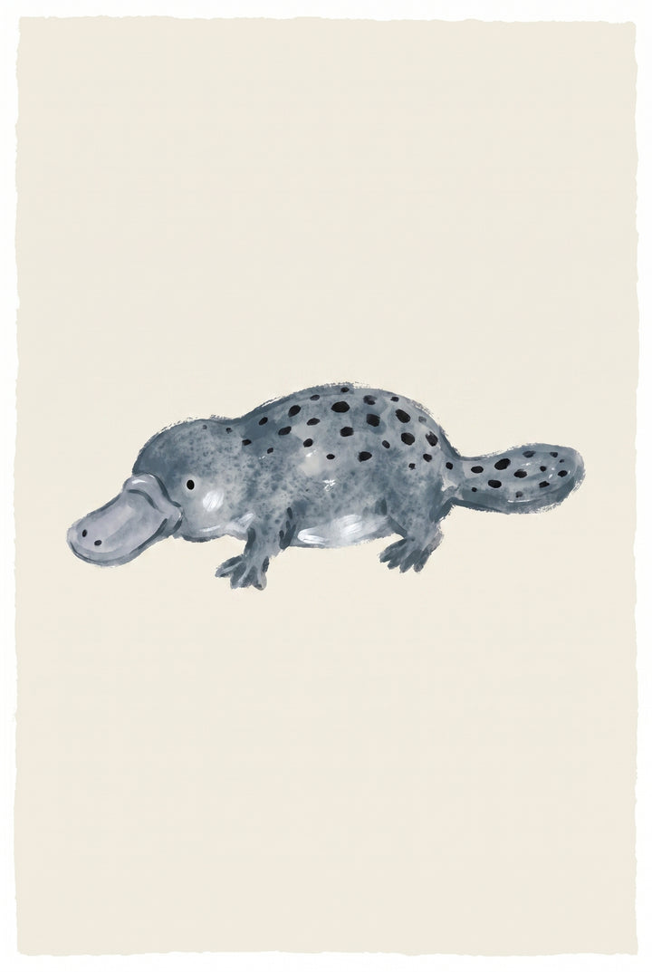 Grey spotted platypus wall art features a blue-grey animal with black spots and webbed feet on a cream background.
