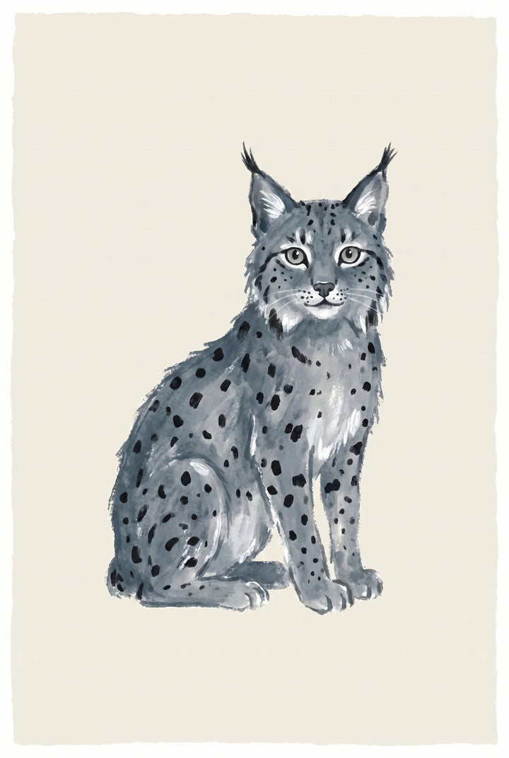 Spotted grey tufted ear lynx artwork sitting and facing forward on a cream background.