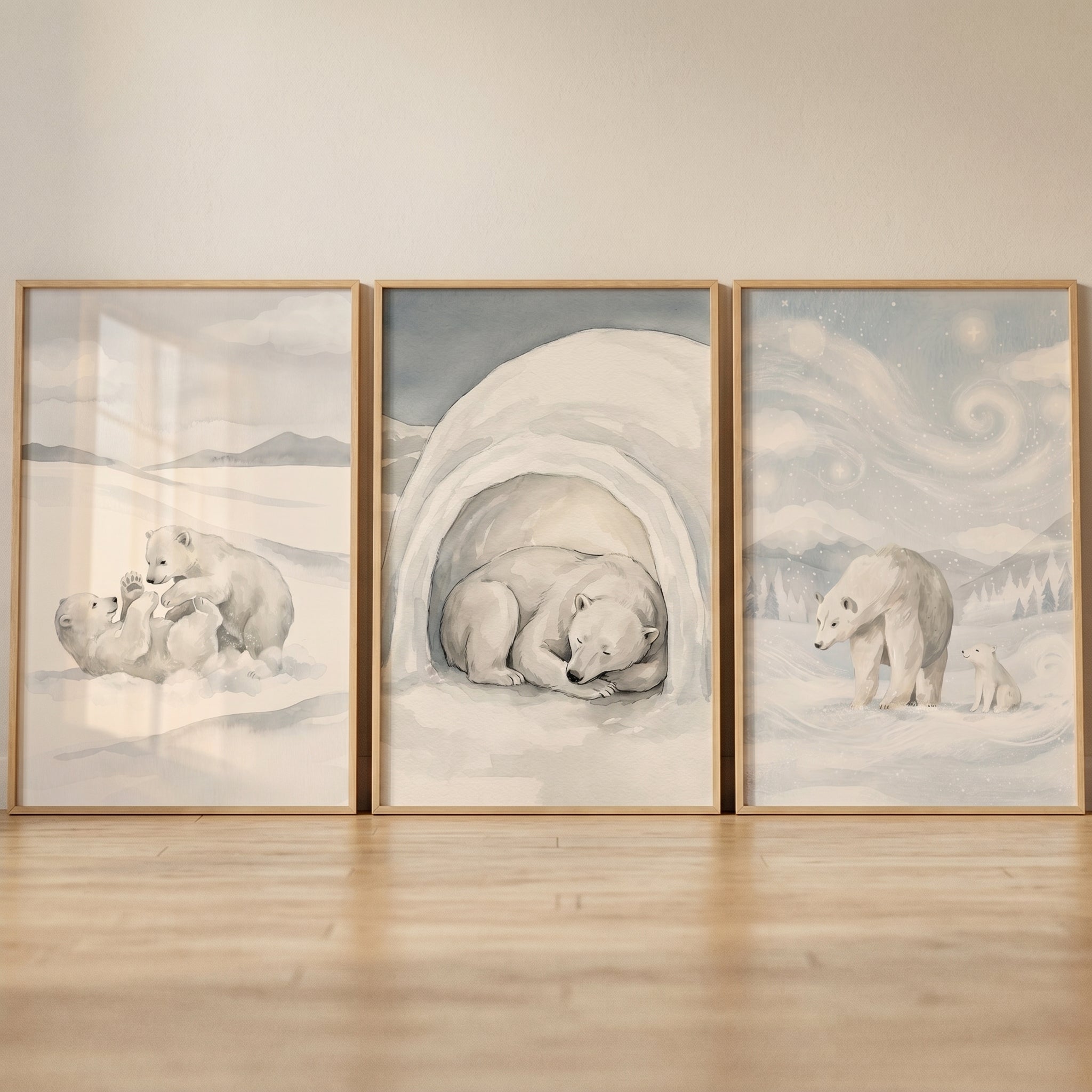 Grey Watercolor Polar Bear Wall Art Set of 3 - Arctic Bear Wonders