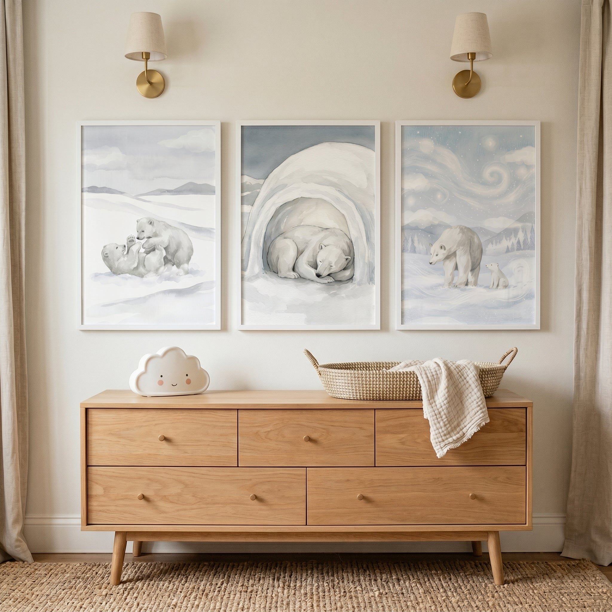 Grey Watercolor Polar Bear Wall Art Set of 3 - Arctic Bear Wonders