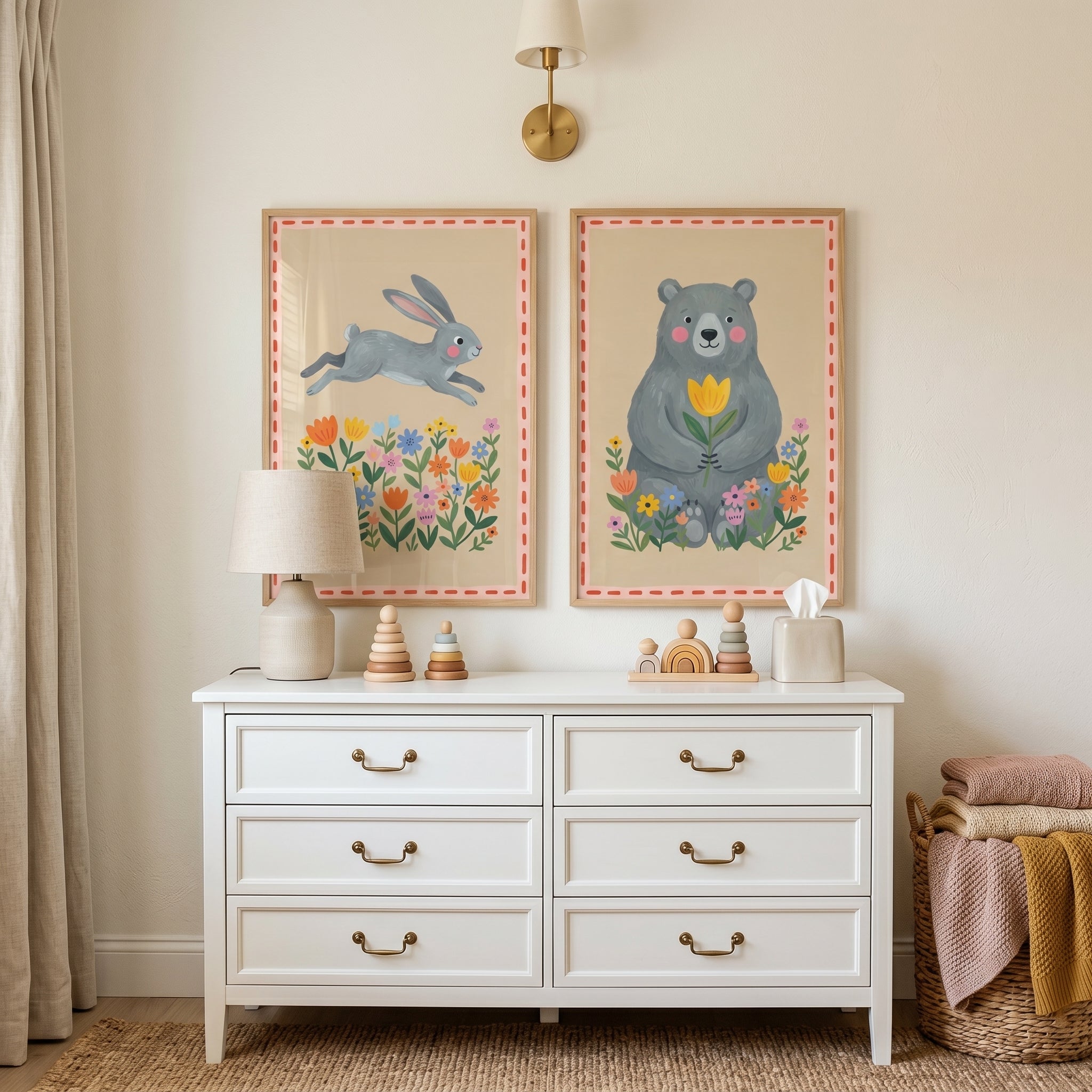 Grey Whimsical Forest Animals Artwork Set Of 2 - Floral Meadow Duo