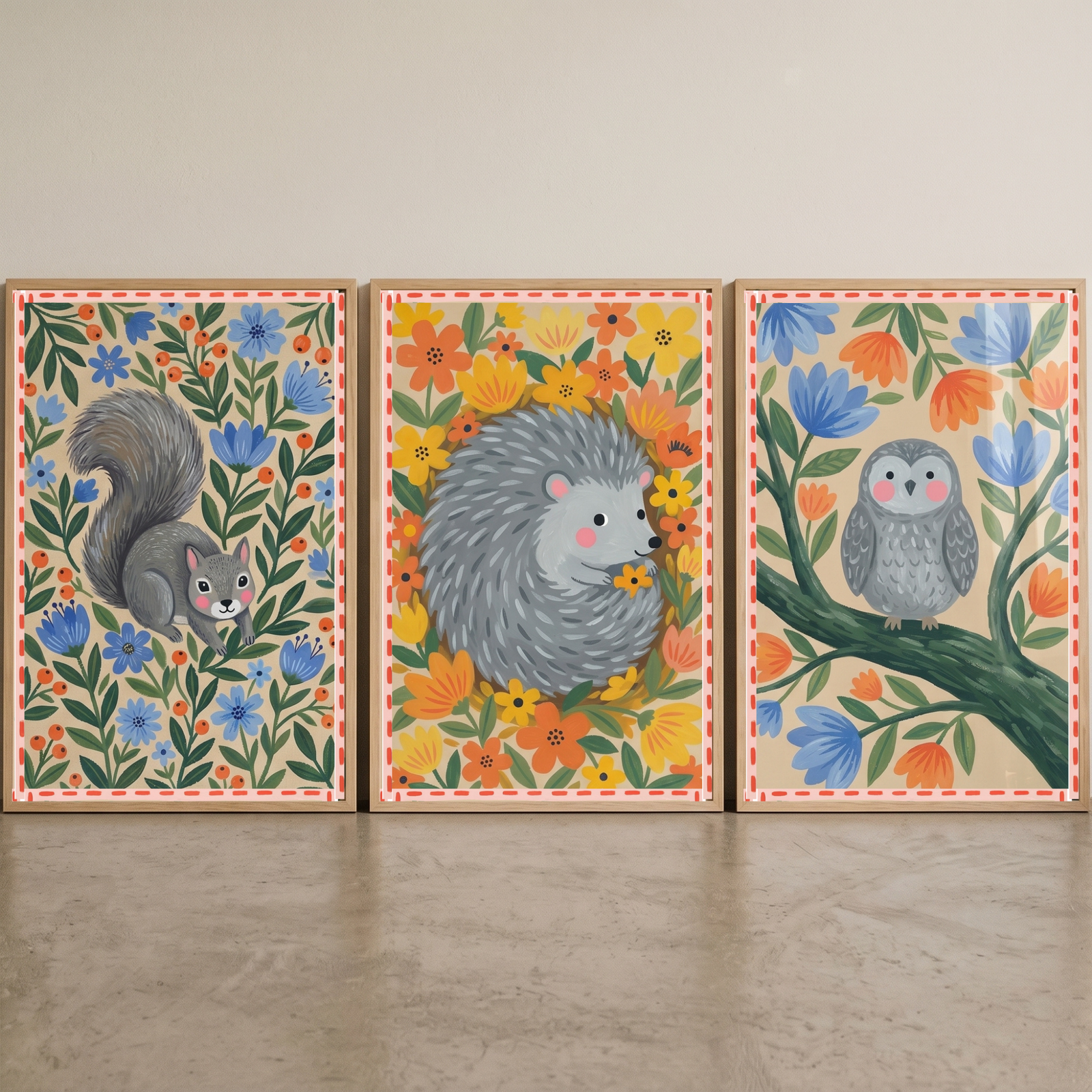 Grey whimsical woodland animals wall art set of 3 shows a squirrel, hedgehog, and owl surrounded by vibrant flowers.