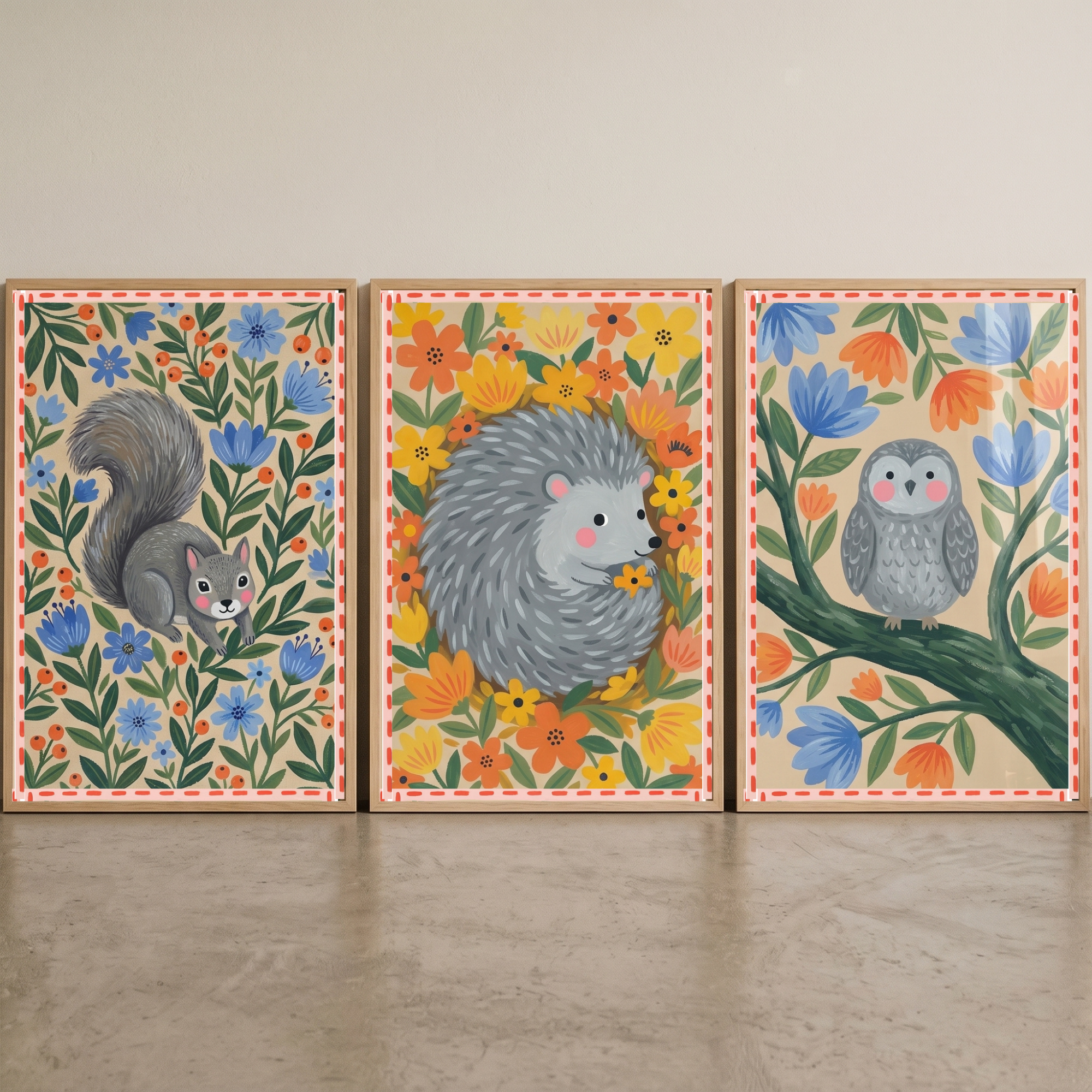 Grey Whimsical Woodland Animals Wall Art Set Of 3 - Woodland Floral Friends