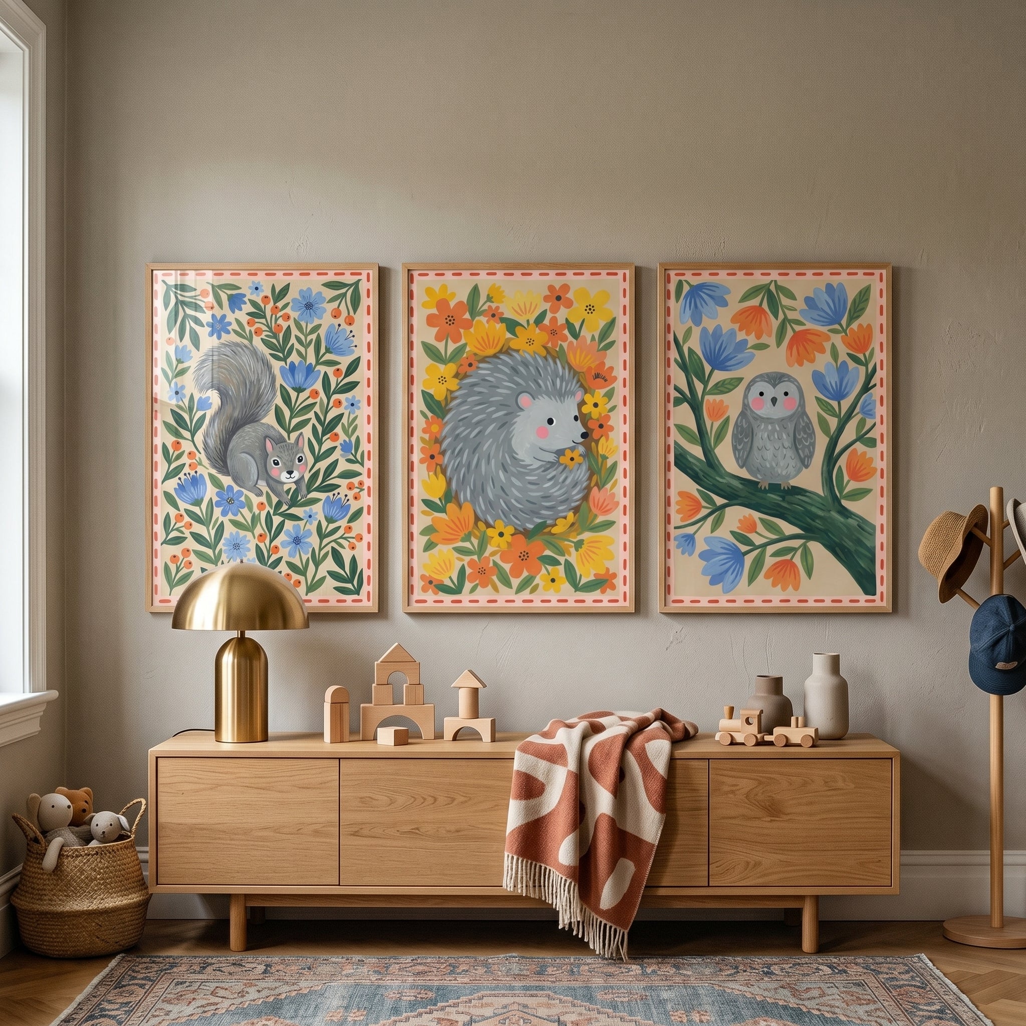 Grey Whimsical Woodland Animals Wall Art Set Of 3 - Woodland Floral Friends