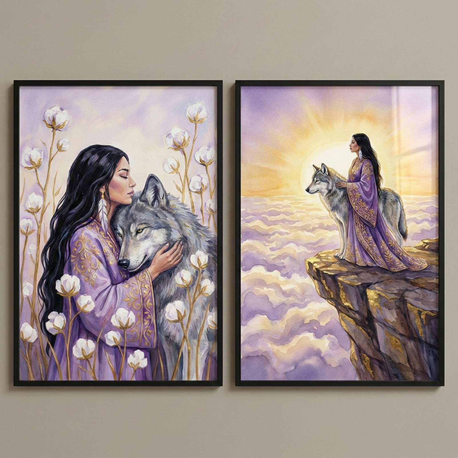 Two framed vertical watercolor-style art pieces hang side by side on a neutral wall. The left image shows a woman with long black hair in a lavender robe with gold accents, gently embracing a large gray wolf. They are surrounded by white cotton-like flowers against a soft purple background. The right image depicts the same woman and wolf standing on a rocky cliff, looking out over a sea of purple clouds toward a bright, golden sun rising in the distance.