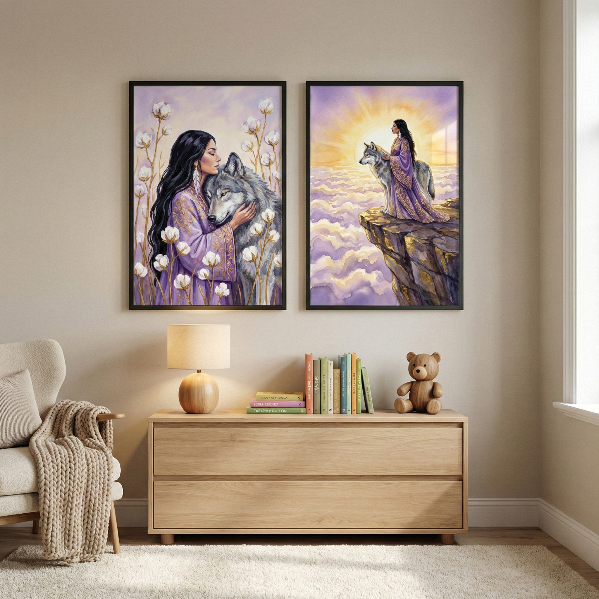 Two vertical framed illustrations hang on a neutral wall above a light wood dresser. The left piece shows a woman with long dark hair in a purple robe embracing a large wolf amidst soft cotton-like plants. The right piece depicts the woman and wolf standing on a rocky cliff overlooking a sea of purple clouds under a golden sun. On the dresser sit a wooden lamp, several books, and a wooden bear. A cream-colored chair with a textured blanket is to the left on a white rug.