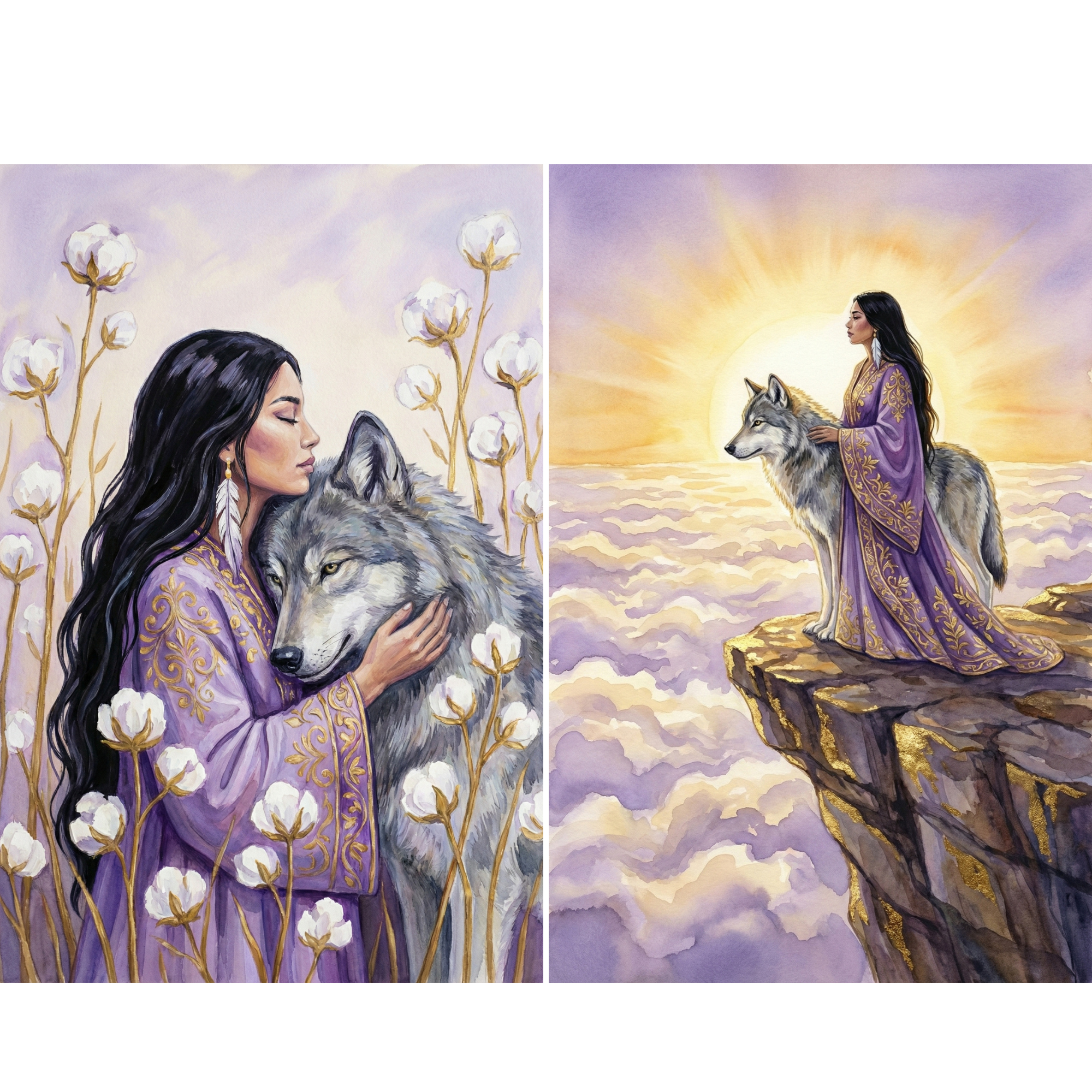 Two side-by-side illustrations feature a woman with long dark hair and a large grey wolf. On the left, she wears a gold-trimmed purple robe and leans her head against the wolf’s neck, surrounded by tall white cotton-like flowers. On the right, the pair stands on a high rocky cliff above a blanket of purple-tinged clouds. A large sun glows behind them, radiating beams of light. The woman’s long purple gown flows behind her as she gazes into the distance.