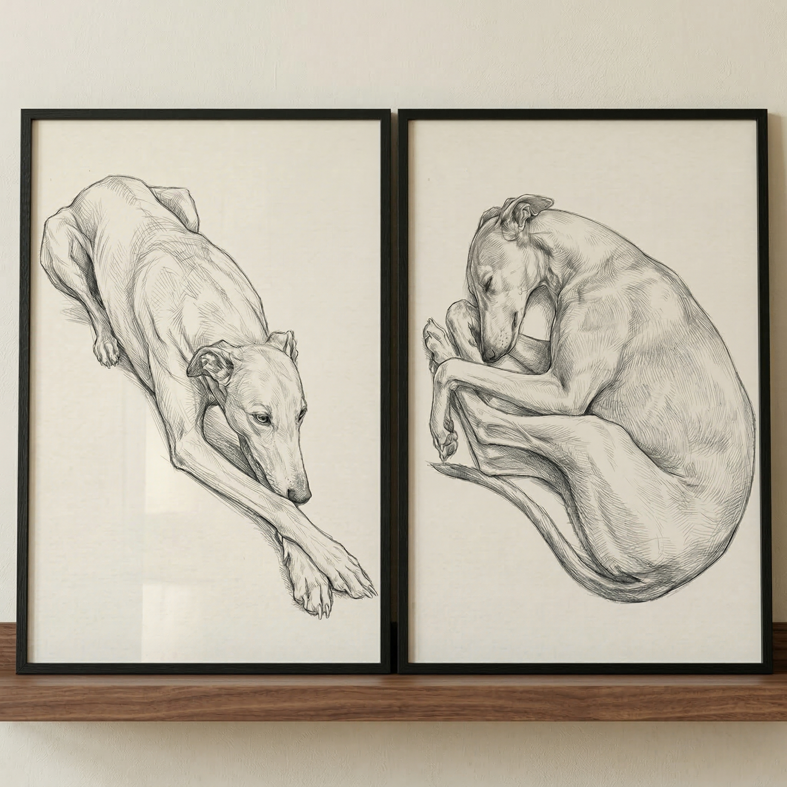 Two monochromatic sketches of a sighthound are displayed in slim black frames, resting side-by-side on a wooden shelf. The illustration on the left shows the lean dog lying down with its front legs stretched out and crossed, looking forward with a calm expression. The illustration on the right depicts the dog curled into a tight, circular ball while resting. Both pieces are detailed pencil or charcoal drawings on light-colored paper, capturing the elegant form and musculature of the animal.