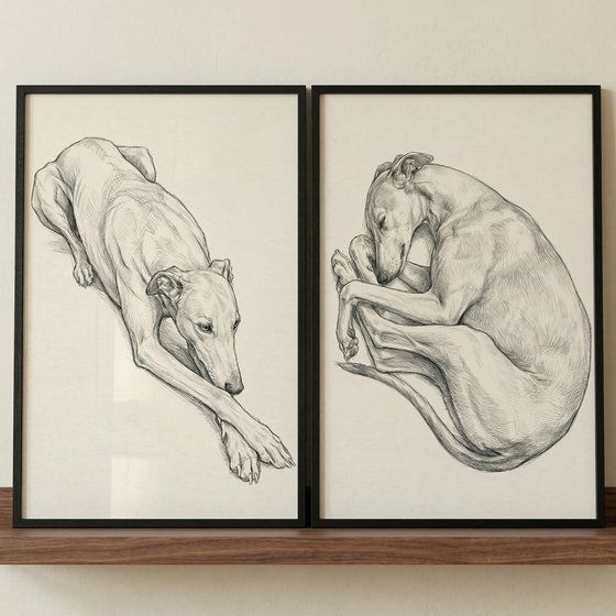 Two monochromatic sketches of a sighthound are displayed in slim black frames, resting side-by-side on a wooden shelf. The illustration on the left shows the lean dog lying down with its front legs stretched out and crossed, looking forward with a calm expression. The illustration on the right depicts the dog curled into a tight, circular ball while resting. Both pieces are detailed pencil or charcoal drawings on light-colored paper, capturing the elegant form and musculature of the animal.