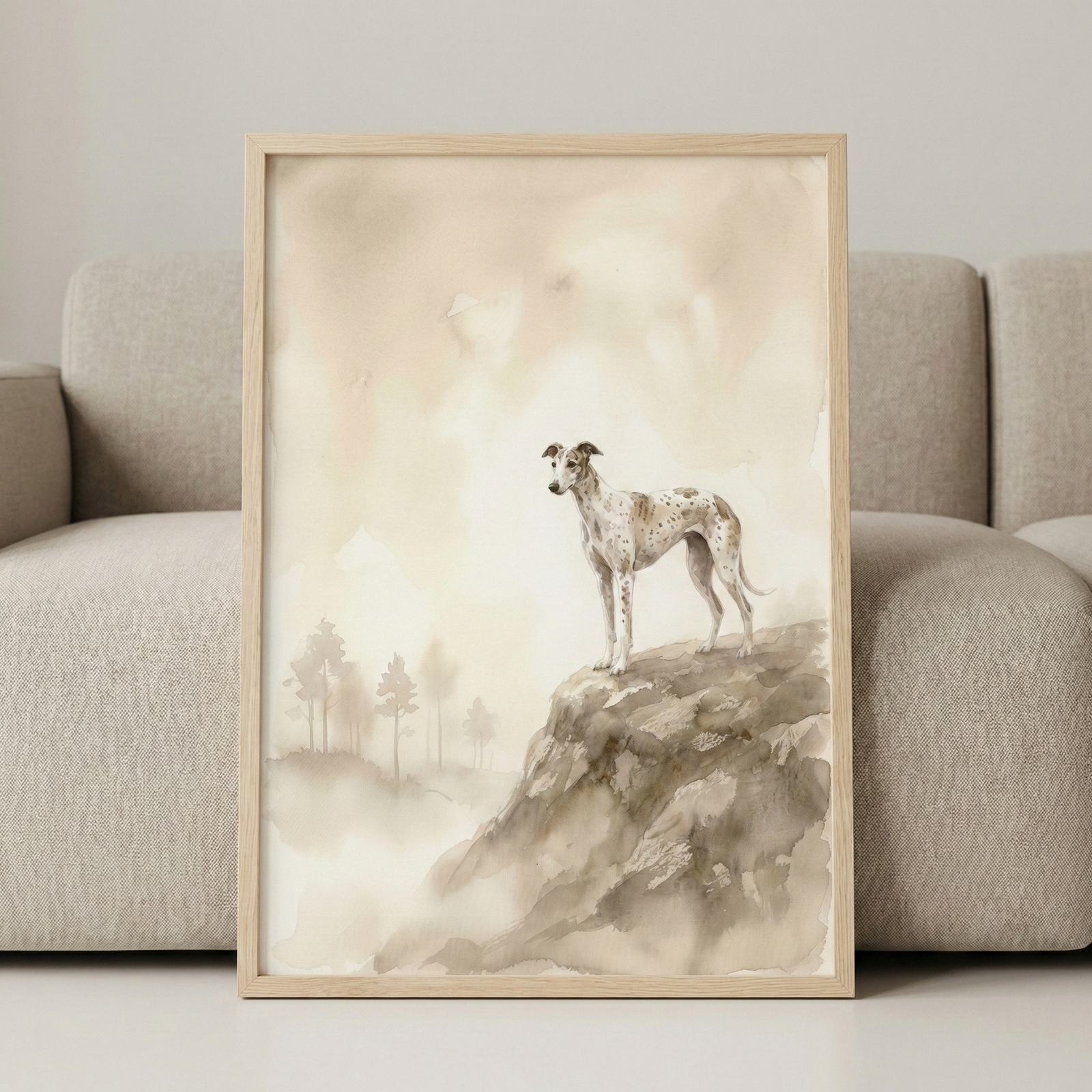 A framed watercolor-style illustration of a slender, spotted sight-hound standing atop a rugged rocky outcrop. The scene is set against a serene, misty landscape with silhouettes of distant trees barely visible through the soft haze. The artwork uses a muted, neutral color palette featuring shades of cream, beige, and earthy browns, creating a peaceful and ethereal atmosphere. 