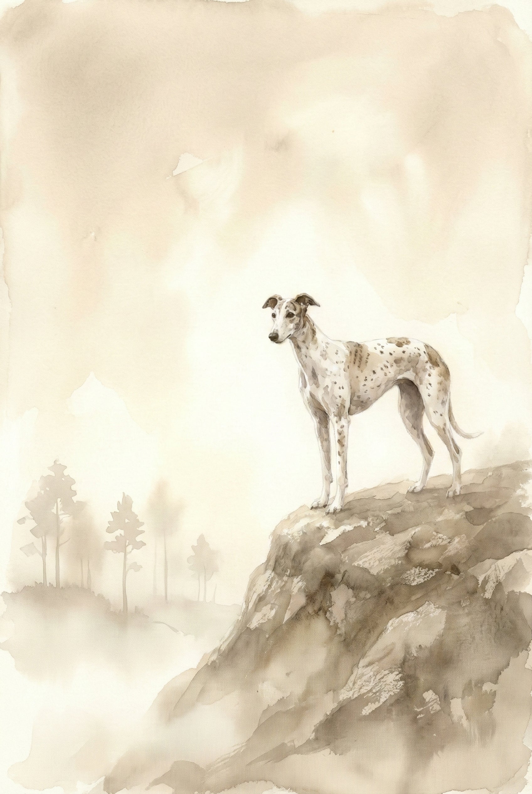 Soft watercolor artwork of a greyhound standing on a rocky cliff overlooking a misty landscape, illustrated in light beige and sepia tones.
