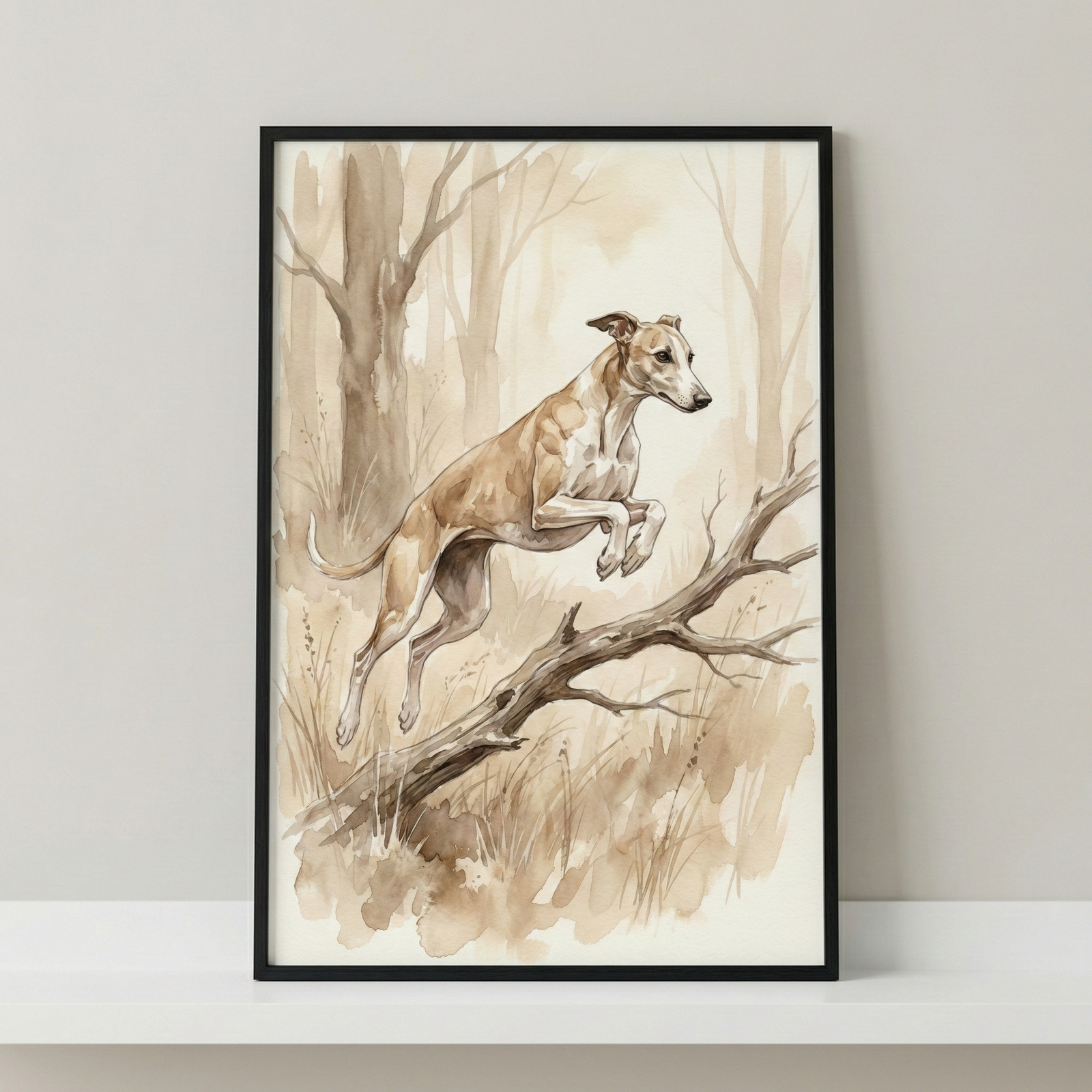 A framed watercolor illustration depicts a tan and white sighthound dog mid-leap over a fallen, weathered tree branch. The artwork uses a muted, monochromatic palette of browns, creams, and tans to create a soft forest scene with slender trees and tall grass in the background. The piece is showcased in a thin black frame, resting on a white shelf against a neutral gray wall.