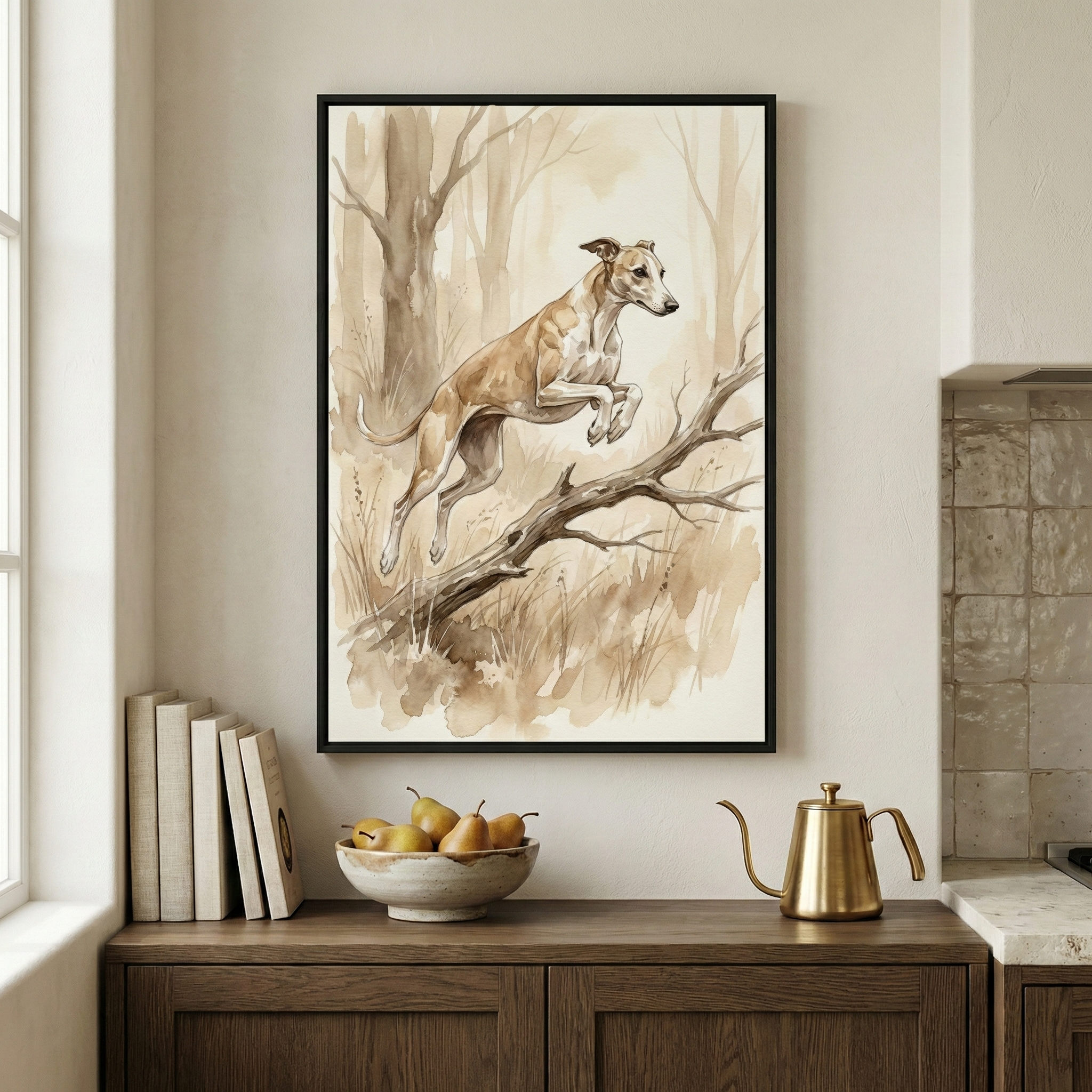A vertical art piece in a slim black frame hangs on a neutral wall. The artwork is a watercolor-style illustration of a slender tan-and-white dog leaping over a fallen tree limb in a minimalist forest setting, rendered in muted sepia and brown tones. Below the frame, a dark wood cabinet holds a stack of plain books, a ceramic bowl filled with yellow pears, and a golden metallic kettle with a long, curved spout. A tiled wall and kitchen countertop are visible to the right.