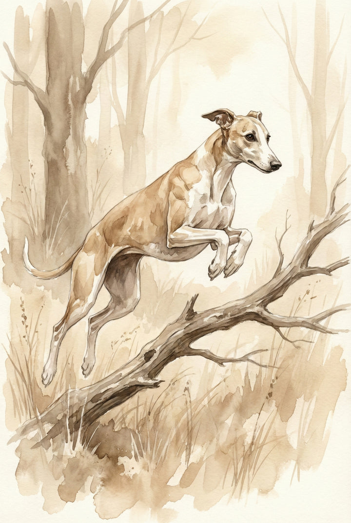 Watercolor illustration of a greyhound mid-leap over a fallen tree branch in a woodland setting, painted in warm neutral sepia tones.

