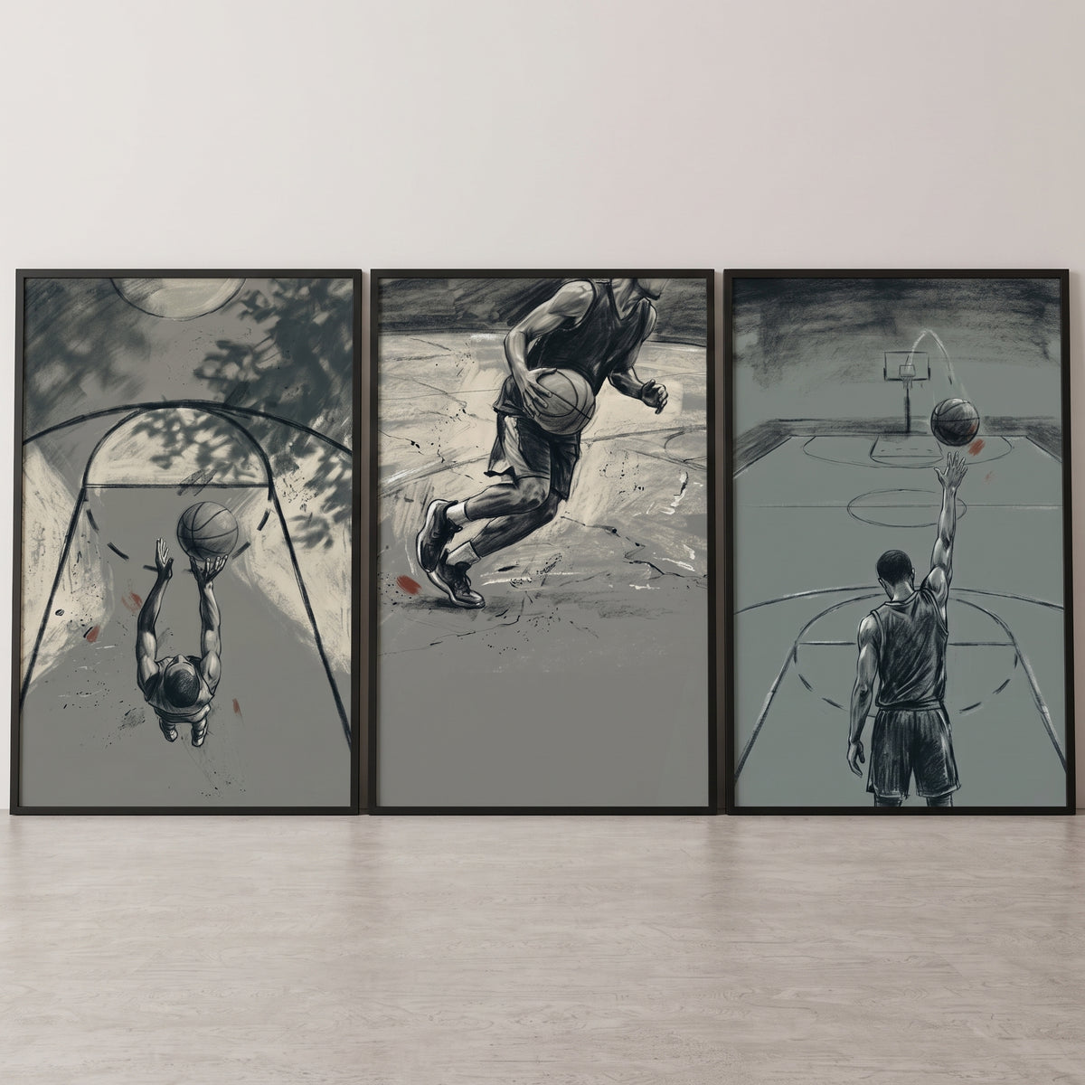 Gritty monochrome basketball player sports wall art set of 3 depicting an athlete shooting, dribbling, and scoring.