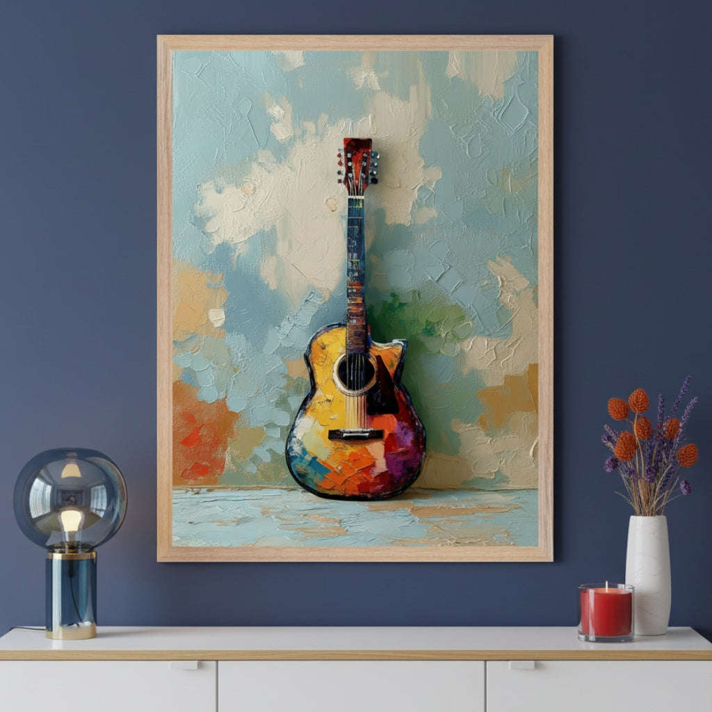 Modern room with a white console against a dark blue wall. A large framed abstract painting of a colorful acoustic guitar hangs centered above the console. A modern lamp, a vase of dried flowers, and a red candle are on the console.