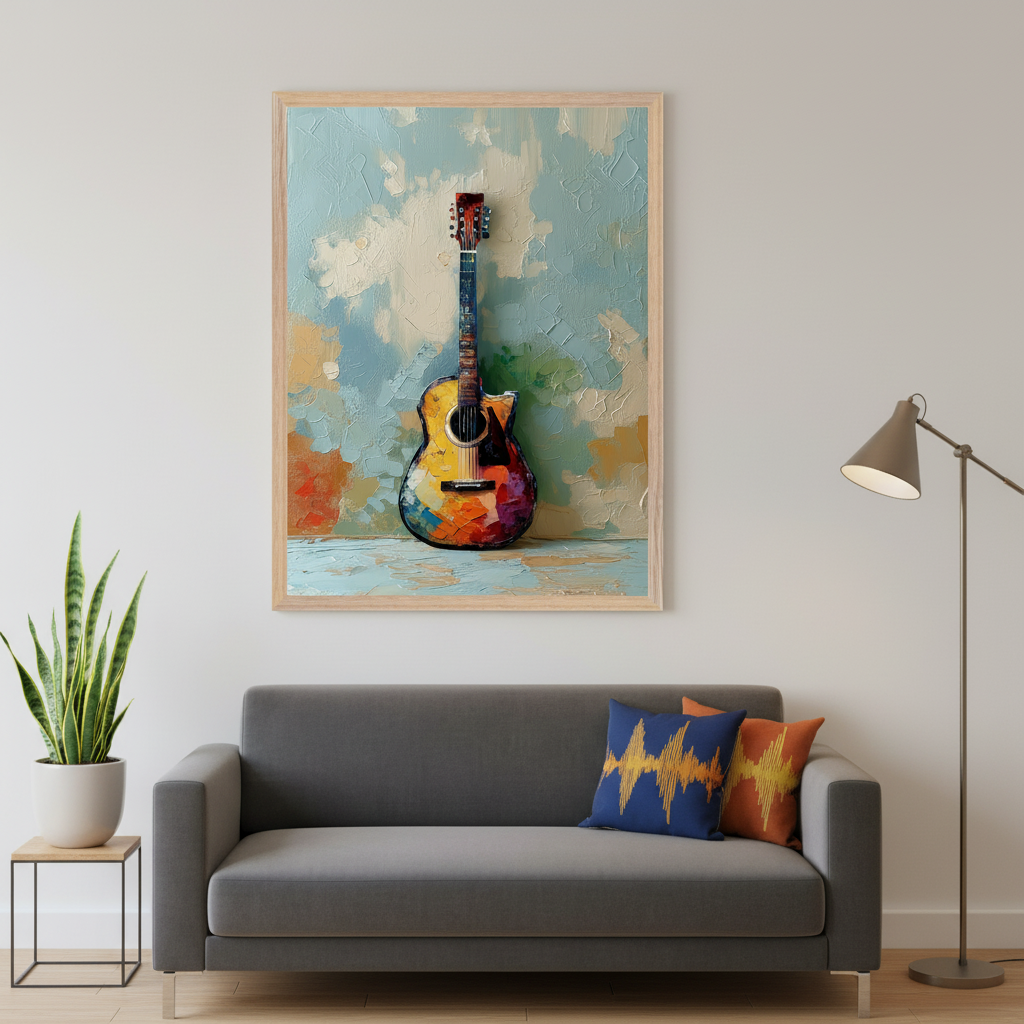 Modern living room with a gray sofa. A large light wood-framed painting of a vibrant, textured acoustic guitar against a colorful, textured background hangs centered above the sofa. A potted snake plant is on a side table to the left, and a floor lamp to the right.c