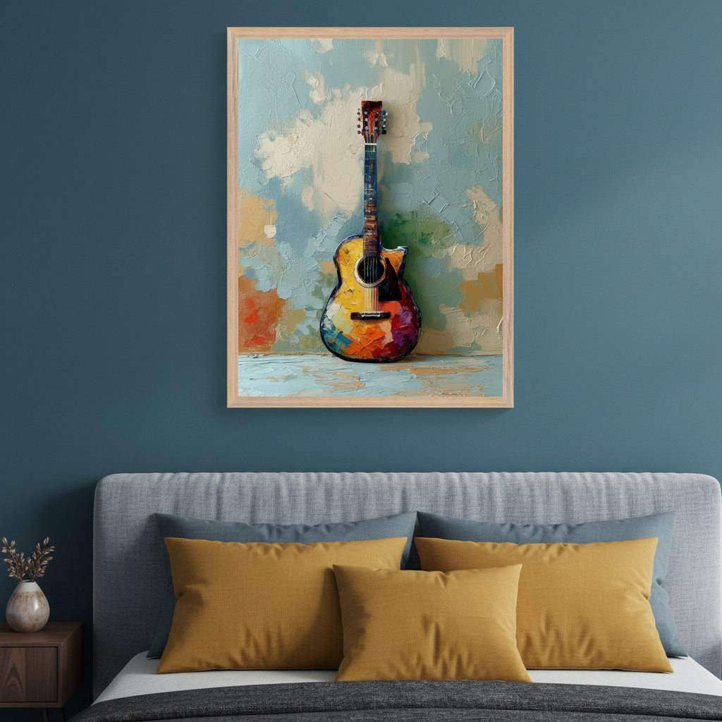 Modern bedroom with a gray upholstered bed and mustard pillows. A framed impasto painting of a colorful acoustic guitar with a textured background hangs above the bed on a dark teal wall.