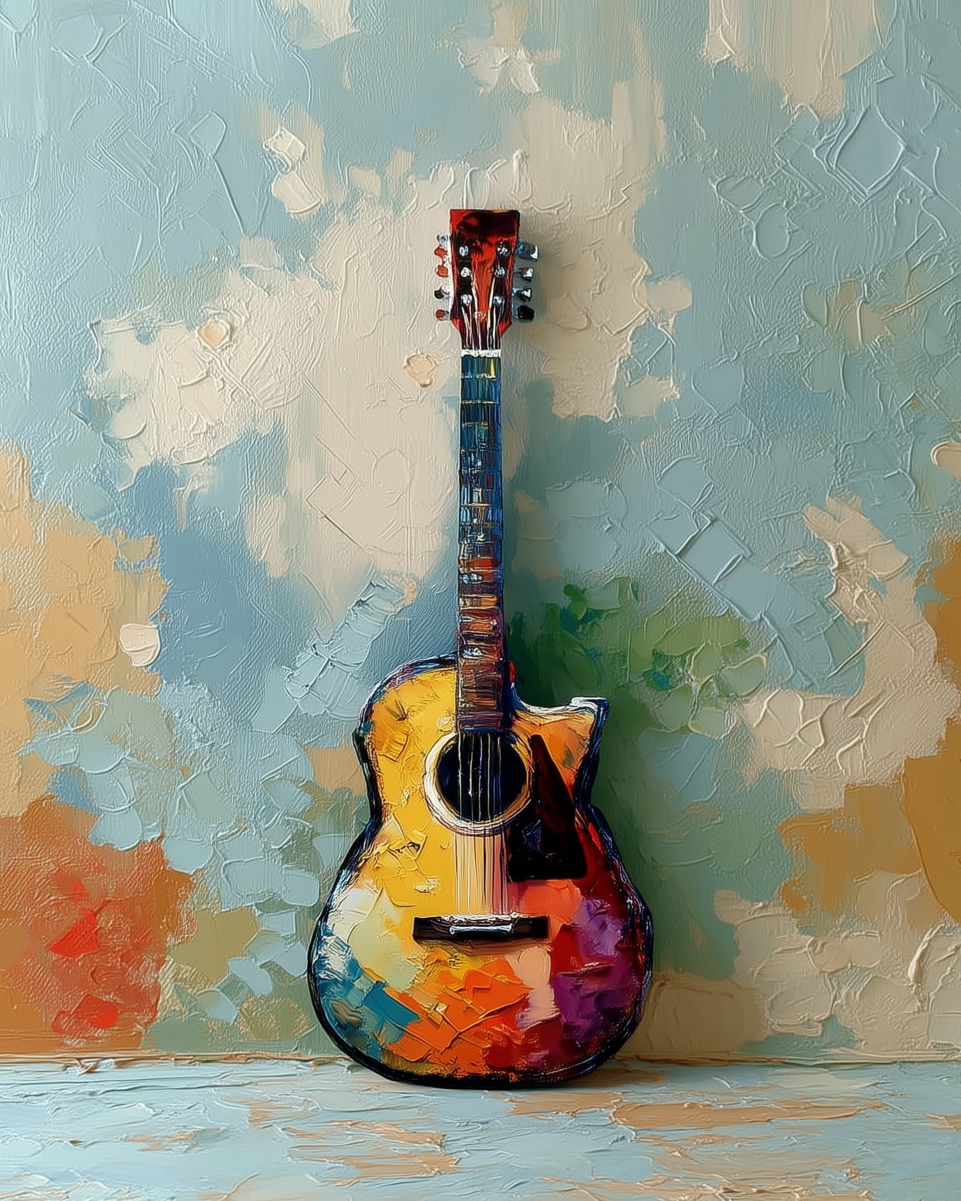 A vividly painted acoustic guitar featuring bold strokes of red, blue, yellow, and orange, leaning against a heavily textured abstract wall.