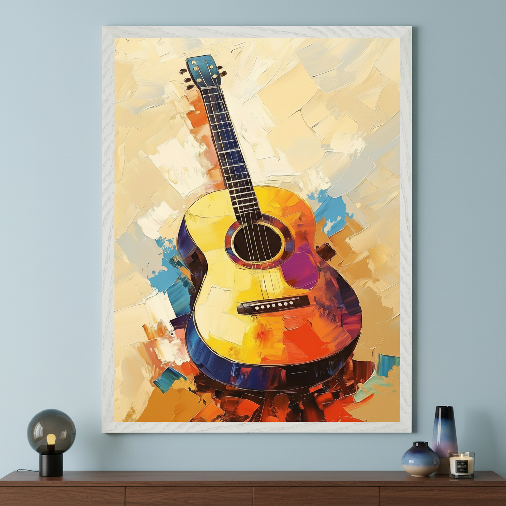 Modern room with a dark wood console table against a light blue wall. A large white-framed impasto painting of an acoustic guitar in vibrant yellow, orange, blue, and purple hangs centered above the table.