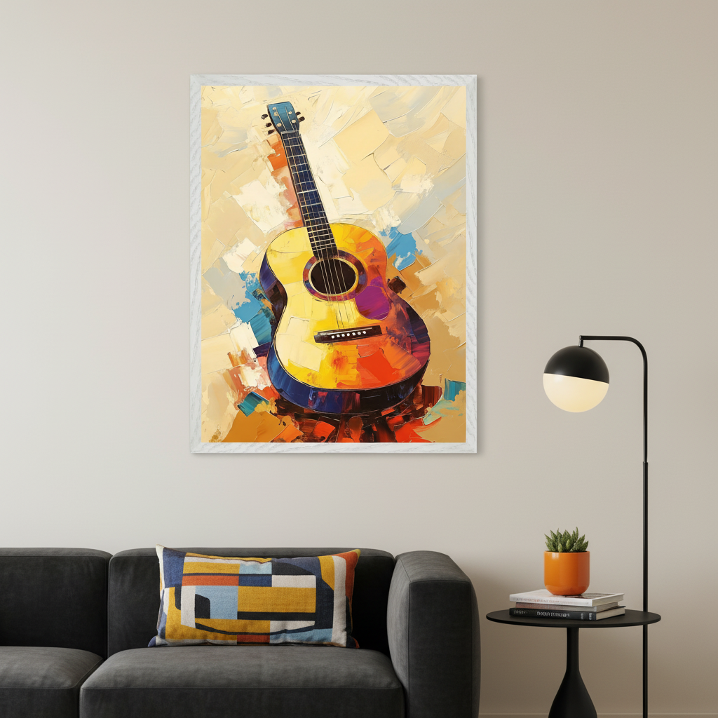 Modern living room with a dark gray sofa. Above it hangs a large framed abstract painting of an acoustic guitar in vibrant impasto style. A black floor lamp and side table are to the right.