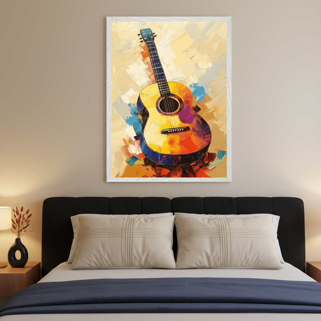 Modern bedroom with a black bed and two light pillows. A large framed impasto painting of an acoustic guitar with colorful, thick brushstrokes hangs centered above the bed.