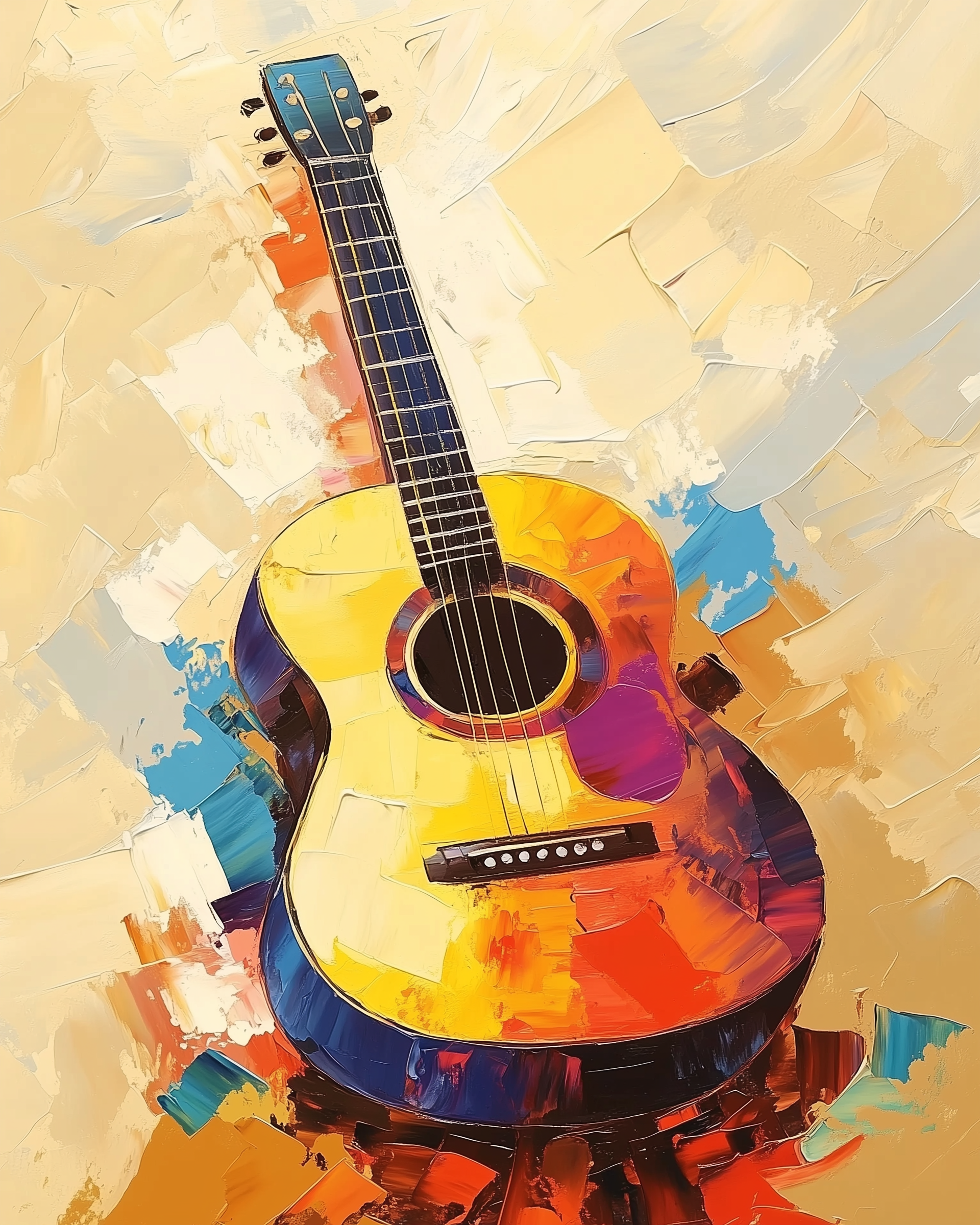 A close-up of a brightly colored acoustic guitar with thick brushstrokes in yellow, orange, red, and blue, set against a light abstract background.