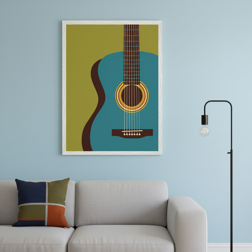Modern living room with a light gray sofa, a multicolored pillow, and a black floor lamp. A large framed graphic print of a teal acoustic guitar with an olive green background hangs above the left side of the sofa.