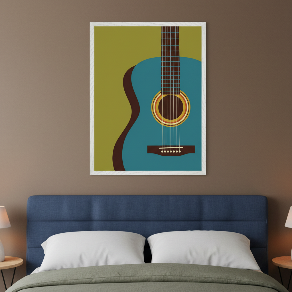 Modern bedroom with a blue upholstered bed. A framed, minimalist illustration of a blue acoustic guitar with a yellow soundhole on a green background hangs centered above the headboard.