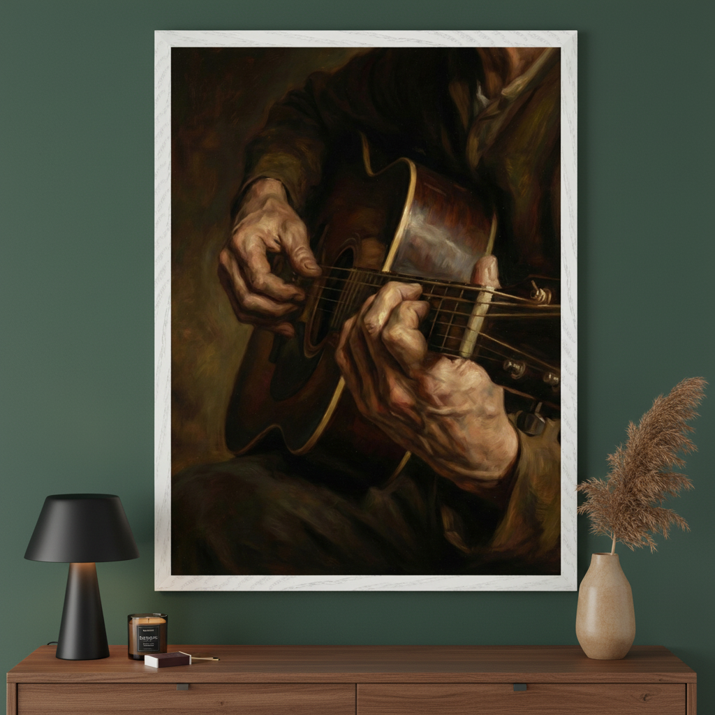 Modern room with a dark green wall and a wooden dresser. A large, white-framed, dark oil painting of hands playing an acoustic guitar hangs above the dresser. A black lamp and a vase with pampas grass are on the dresser.