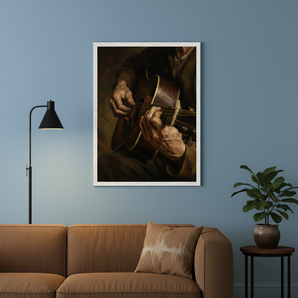 Contemporary living room with a brown sectional sofa and a black floor lamp. A large framed realistic oil painting of a person's hands playing an acoustic guitar hangs on the blue wall above the sofa. A potted plant sits on a side table to the right.