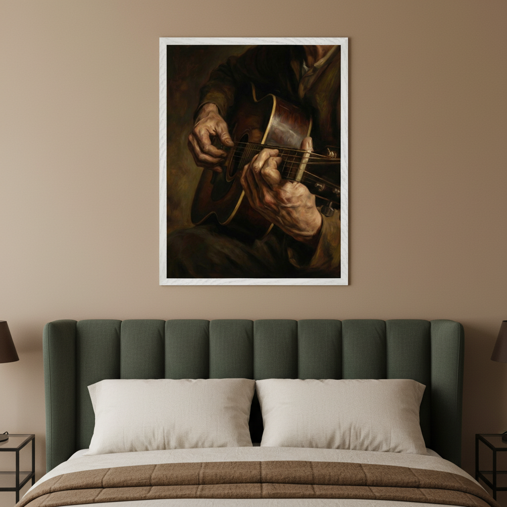 Modern bedroom with a dark green upholstered bed. A large white-framed painting of hands playing an acoustic guitar hangs centered above the bed against brown walls.