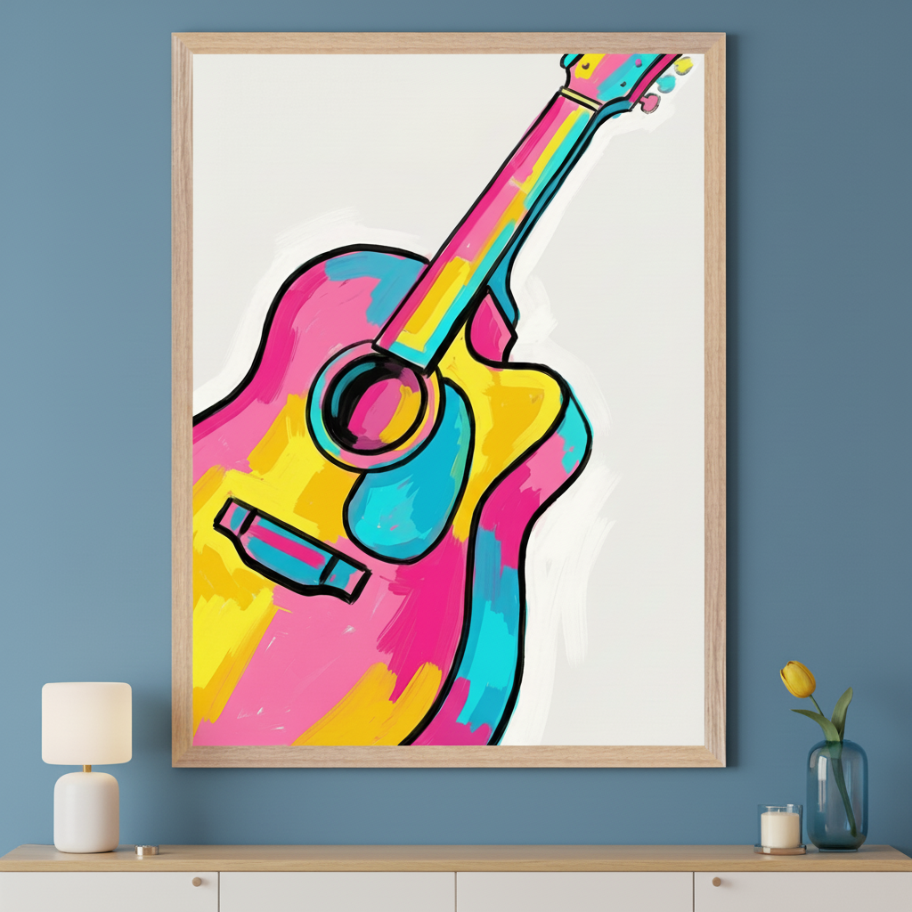 Modern room with a light wood console table. A large framed abstract painting of a colorful pink, yellow, and blue guitar hangs above the table. A white lamp and a tulip in a vase are on the table.
