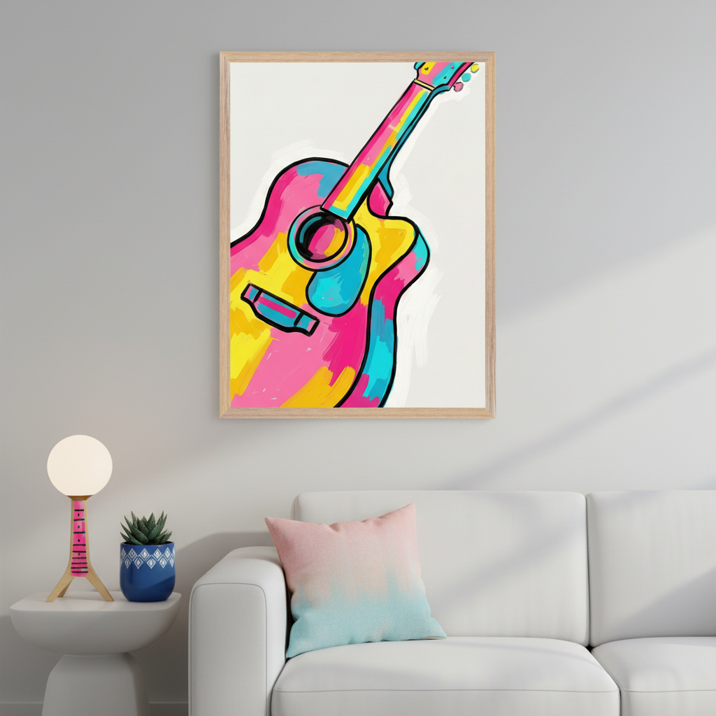 Modern living room with a white sofa and side table. A large framed abstract painting of a colorful acoustic guitar in pink, yellow, and blue hangs above the sofa. A globe lamp and succulent are on the side table.
