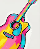A colorful and playful abstract painting of a guitar, with bold strokes of pink, blue, and yellow creating a modern, pop-art inspired piece that highlights the beauty of music through vibrant colors.
