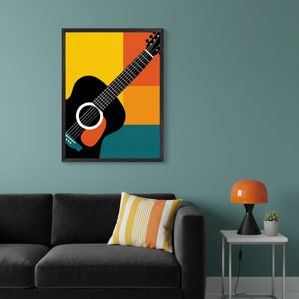 Modern living room with a dark gray sofa and white side table. A large framed graphic print of a black acoustic guitar against yellow, orange, and teal color blocks hangs above the sofa.