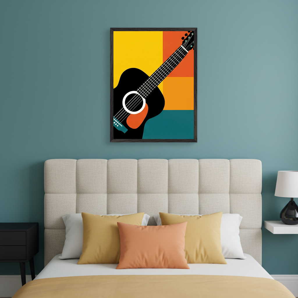 Modern bedroom with an upholstered bed and yellow duvet. A black framed abstract print of a black acoustic guitar on a yellow, orange, and teal geometric background hangs centered above the bed.