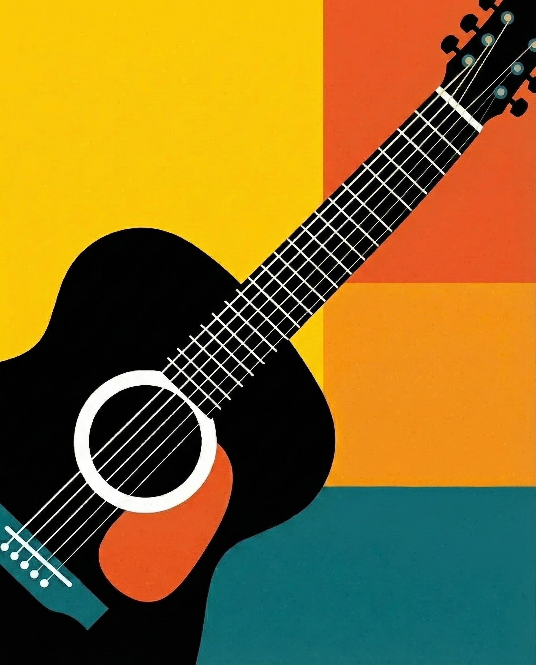 A modern, minimalist illustration of a black acoustic guitar set against contrasting yellow, orange, and teal backgrounds, offering a clean and bold artistic expression of musical elegance.
