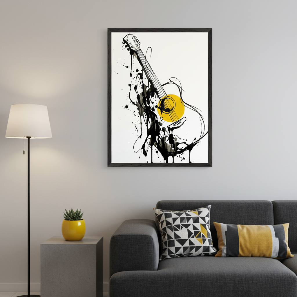 Modern living room with a dark grey sofa, grey side table, and black floor lamp. A large black-framed abstract print of a black and white ink-splatter guitar with a yellow circle hangs on the wall above the sofa.