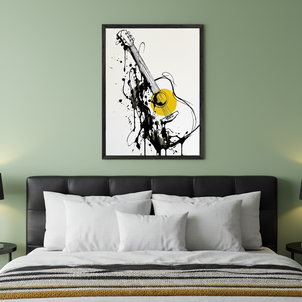 Modern bedroom with a black leather headboard bed. A framed abstract line art drawing of an acoustic guitar with black ink splatters and a yellow soundhole hangs centered above the bed.