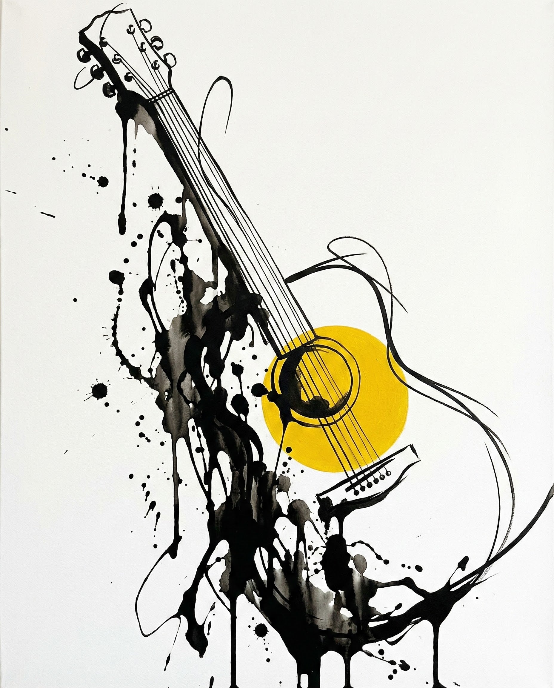 A striking illustration of a guitar with splashes of black ink, contrasted by a bold yellow circle at the center of the guitar, blending modern abstract art with musical expression.