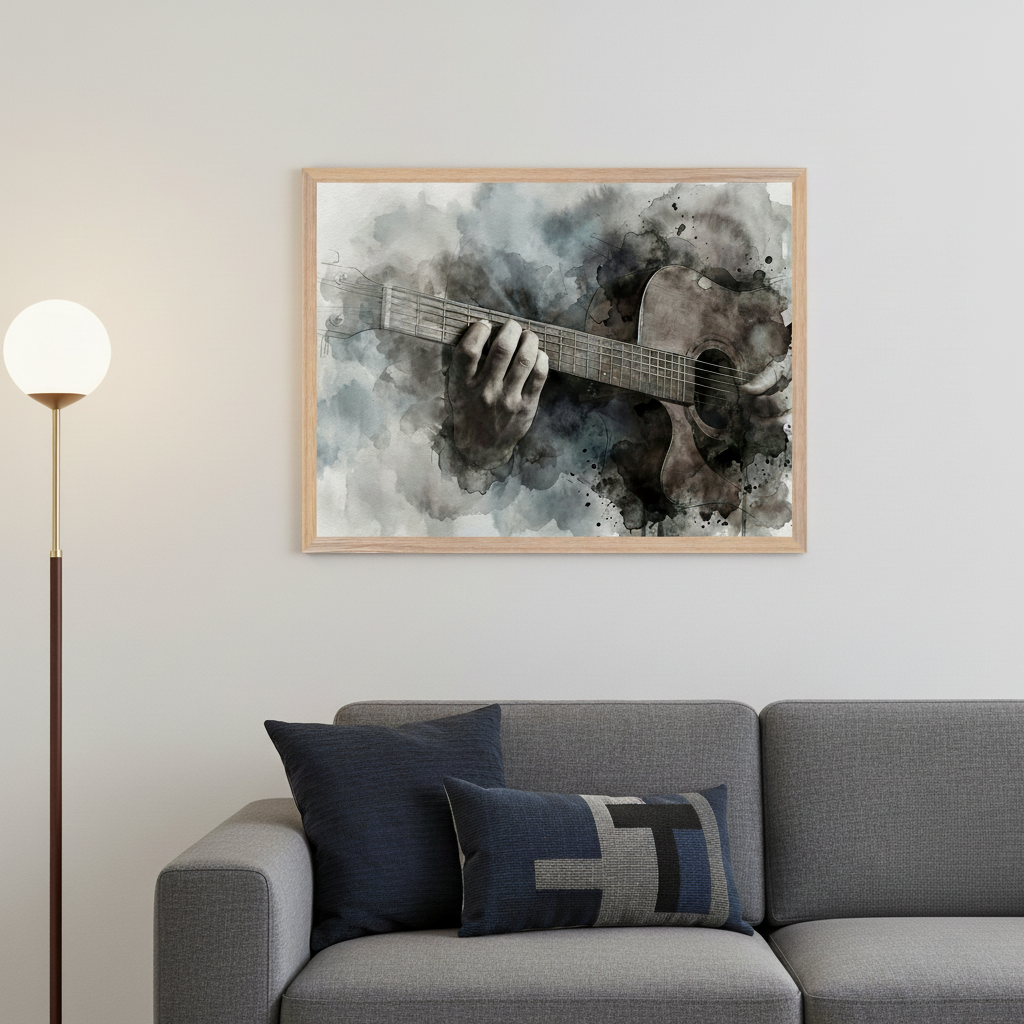 Modern living room with a gray sectional sofa and a white globe floor lamp. A framed watercolor painting of hands playing an acoustic guitar in dark gray and blue tones hangs above the sofa.