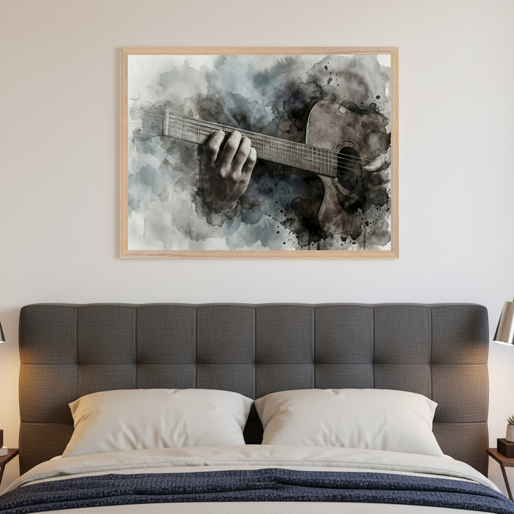 Modern bedroom with a gray tufted headboard. A framed watercolor painting of hands playing an acoustic guitar, in grayscale with blue accents, hangs centered above the bed.