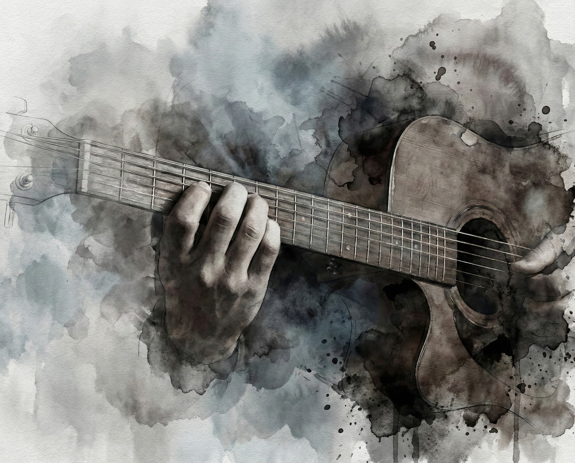 A captivating watercolor painting of a person playing a guitar, with soft, moody ink splatters blending around the figure, capturing the emotion and artistry of music through a subtle wash of colors.
