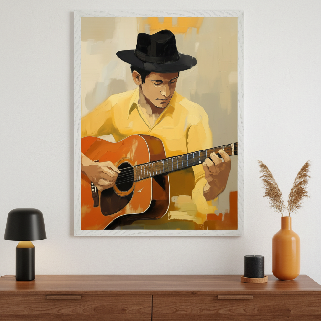 Modern room with a wooden dresser. A large framed painterly artwork of a man in a yellow shirt and black hat playing an acoustic guitar hangs centered above the dresser.