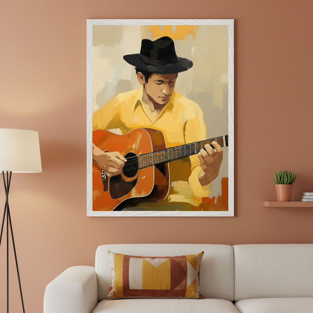 Modern living room with a white sofa and a floor lamp. A large framed painting of a man in a black hat and yellow shirt playing an acoustic guitar, in an impressionistic style, hangs on the brown wall above the sofa.
